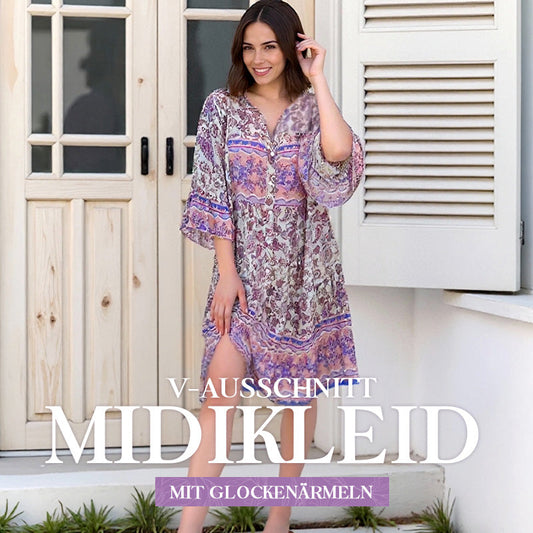 Ende der Saison 50% Rabatt✨V-Ausschnitt-Midikleid mit Glockenärmeln und Blumenmuster