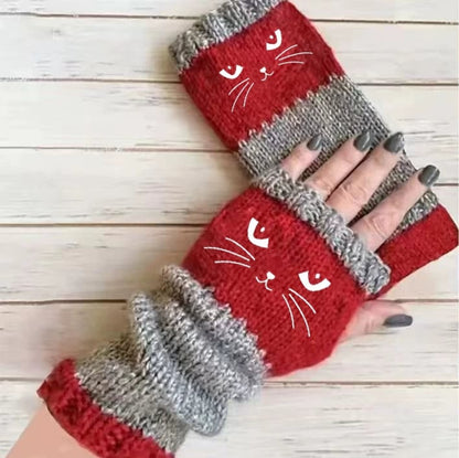 🔥🧤Damen-Strickhandschuhe ohne Finger mit süßem Katzenmuster🐱