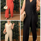 🌸Frühjahrsangebote🌸Einfarbiger, lässiger Jumpsuit mit V-Ausschnitt und Bindeband