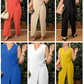 🌸Frühjahrsangebote🌸Einfarbiger, lässiger Jumpsuit mit V-Ausschnitt und Bindeband