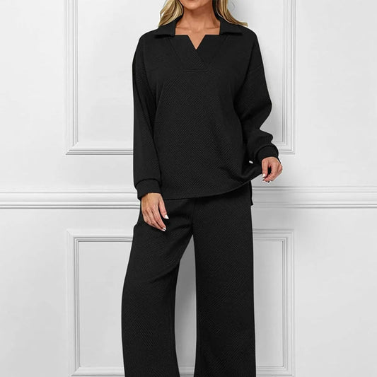 💕2-teiliges Lounge-Set mit V-Ausschnitt und Taschen für Damen