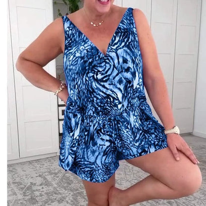 Ärmelloser Badeanzug mit V-Ausschnitt und Print