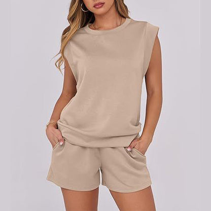 🔥2-teiliges Set mit Oberteil mit Flügelärmeln und Rundhalsausschnitt und Shorts mit Kordelzug für Damen