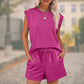 🔥2-teiliges Set mit Oberteil mit Flügelärmeln und Rundhalsausschnitt und Shorts mit Kordelzug für Damen
