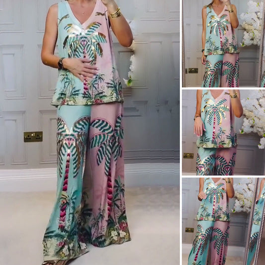 🌴Tropisches Kokosnussbaum-Set: Tanktop + Hose, leicht und lebendig🌸