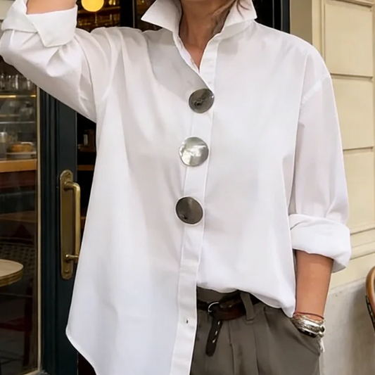 🌞50% Rabatt!👚 Damen Oversized Bluse mit großen Metallknöpfen: Stehkragen – Statement-Piece für Büro & Freizeit